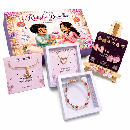 Gold Finish Necklace, Bracelet & Stylish Earrings Set, Heart & Floral Design Jewellery Gift Box