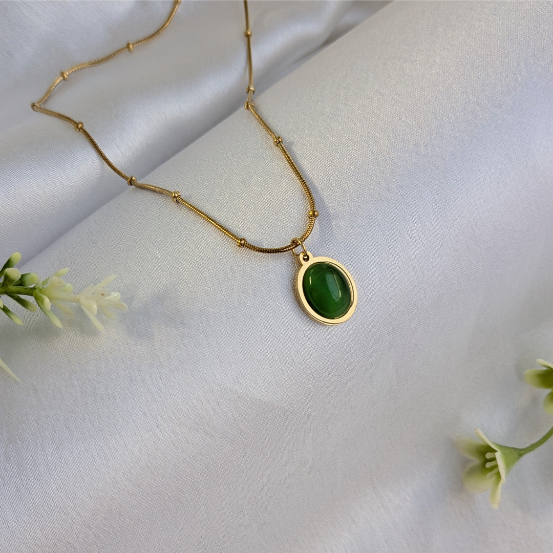 Gold Plated Green Oval Stone Chain Pendant For Girls & Women