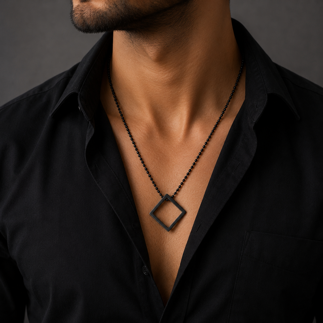 Geometric Square Pendant Necklace with Beaded Chain