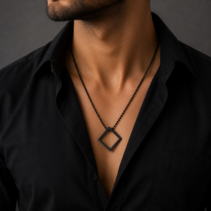 Geometric Square Pendant Necklace with Beaded Chain