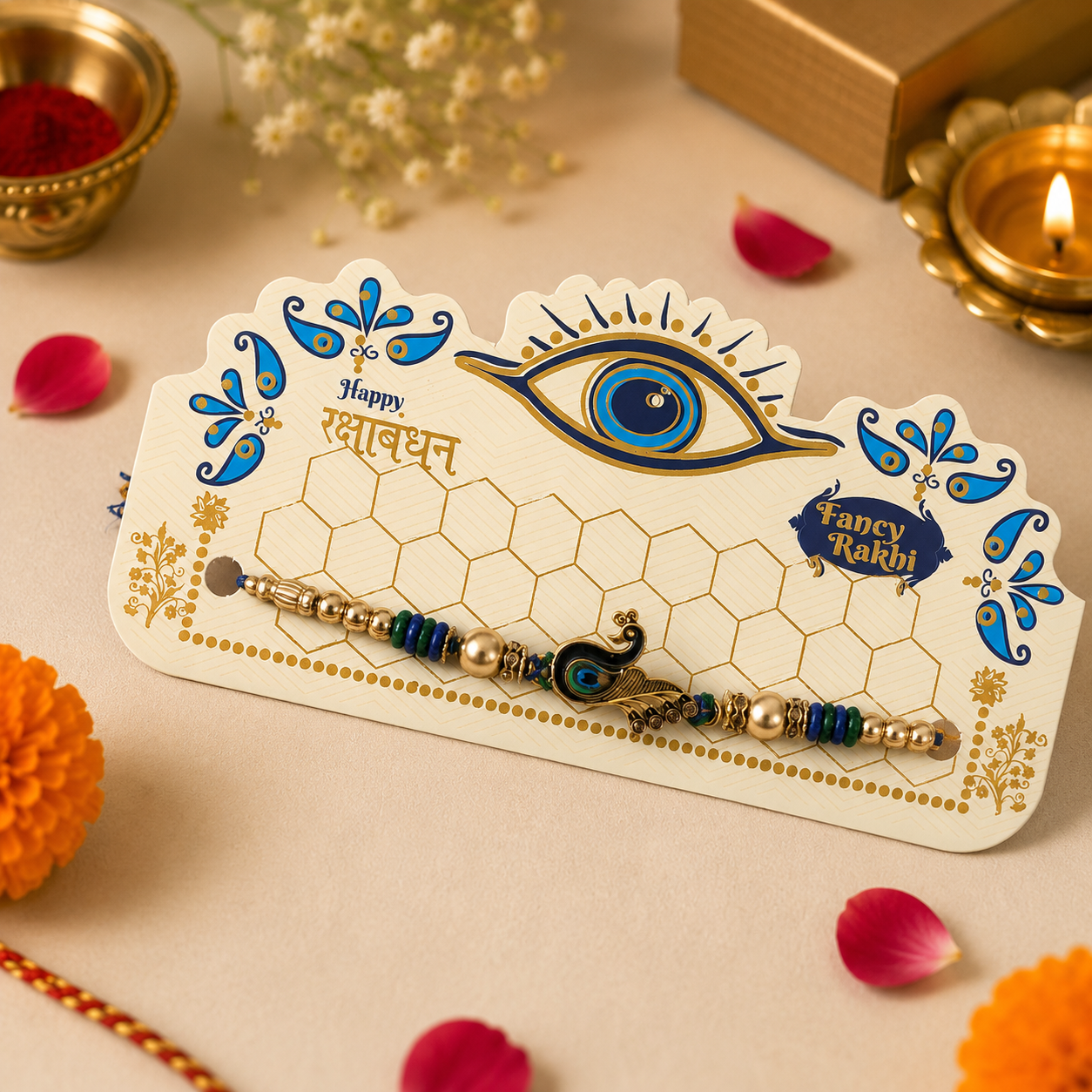 Royal Peacock Rakhi with Premium Gold Finish