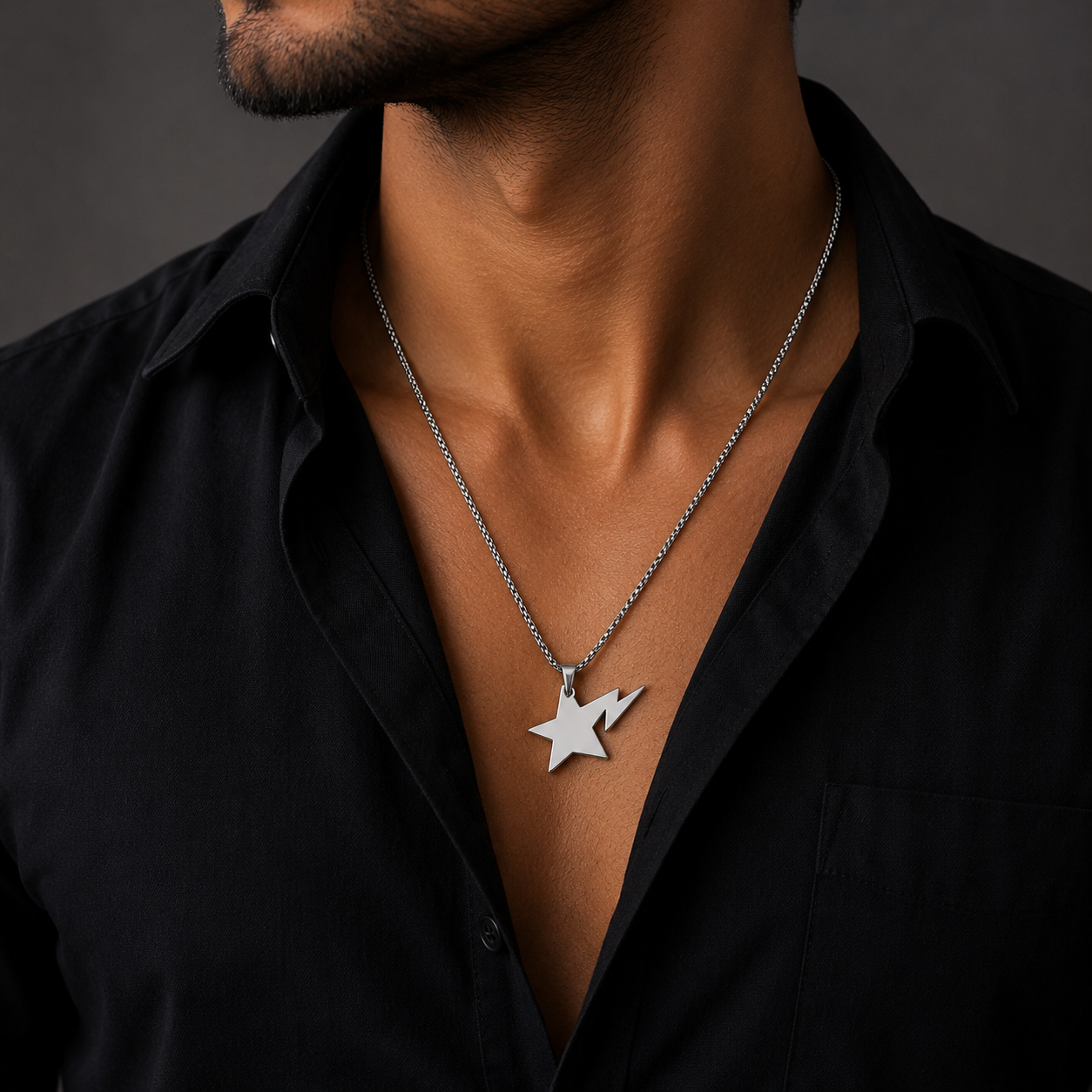 Silver Lightning Bolt Star Pendant Necklace for Men