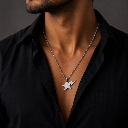 Silver Lightning Bolt Star Pendant Necklace for Men