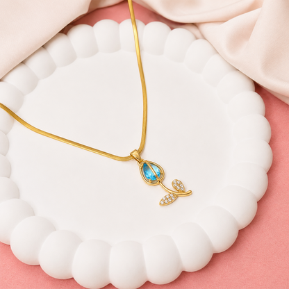 CZ Stone Centerpiece & Crystal Accented Leaves Tulip Pendant for Girls & Women