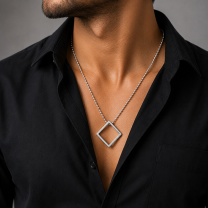 Geometric Square Pendant Necklace with Beaded Chain