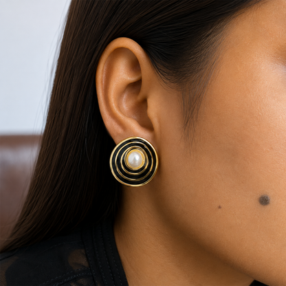 Gold Tone Black Enamel Pearl Korean Earrings for Women