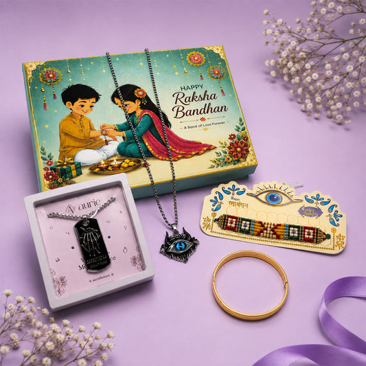 Designer Rakhi with Black Pendant Necklace, Gold Finish Kada Bracelet & Premium Gift Box