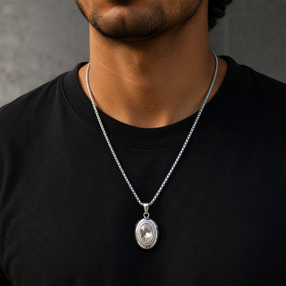 Oval Pendant Necklace with Silver-Tone Link Chain