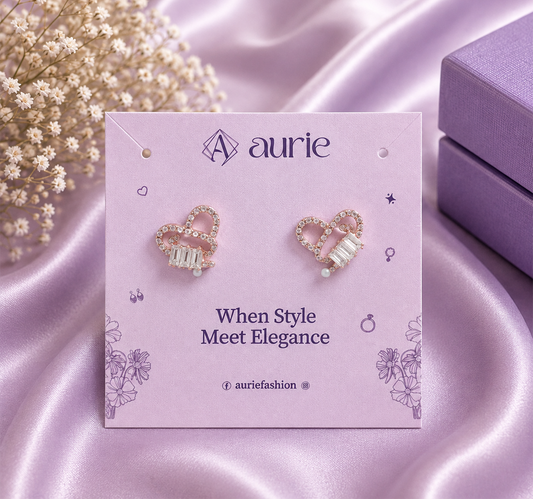 Rose Gold Heart Shaped CZ Stud Korean Earrings for Women & Girls