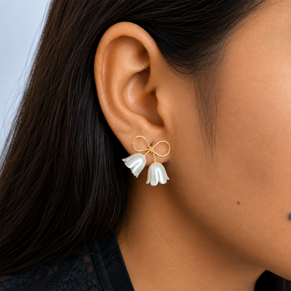 Gold Tone Bow Floral Drop Korean Earrings for Women & Girls