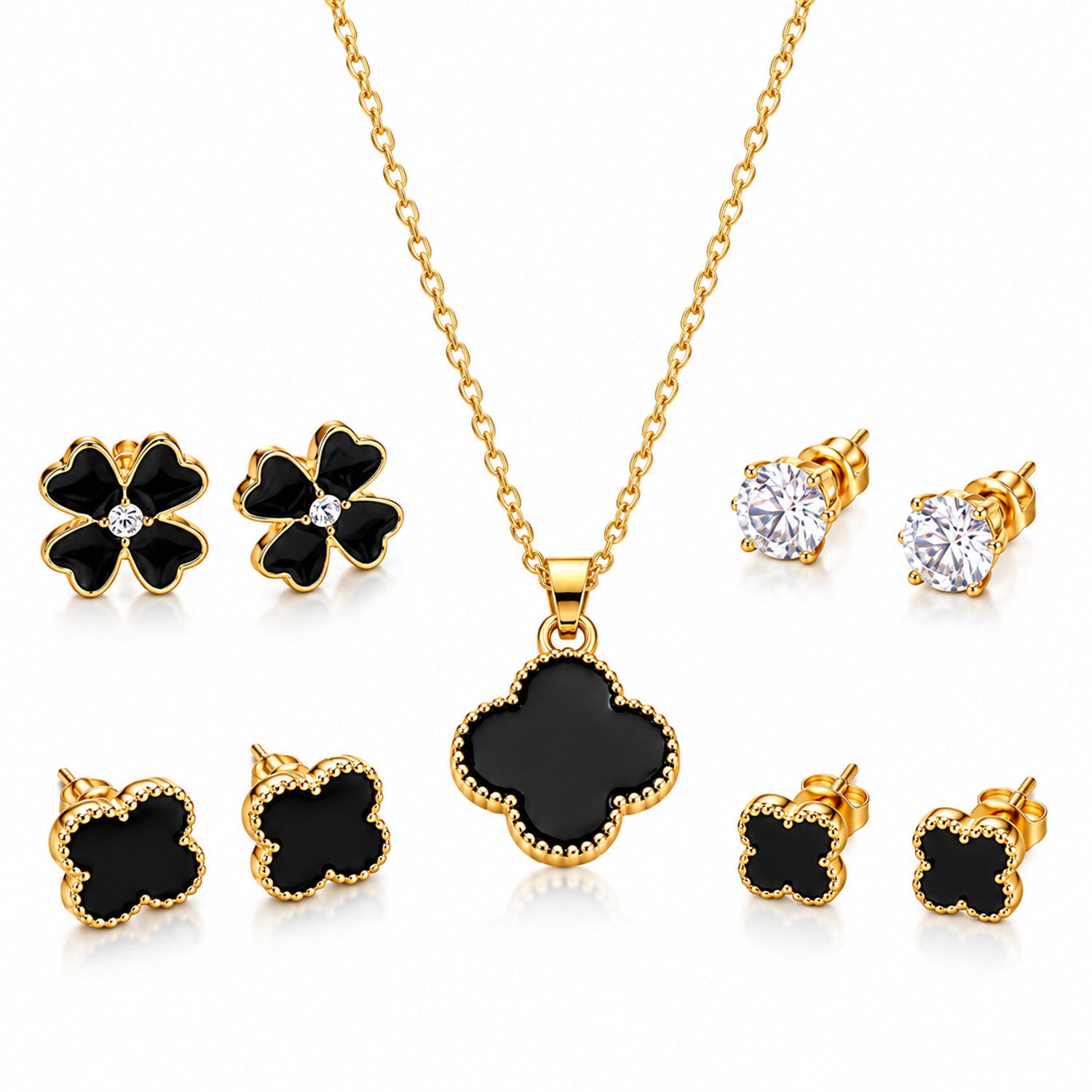 Black Four Leaf Pendant With 4 Earring Set