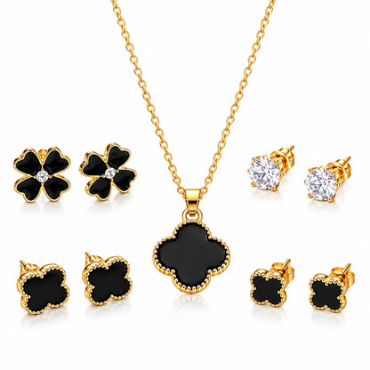 Black Four Leaf Pendant With 4 Earring Set