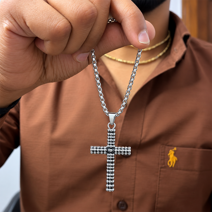 Silver-Tone Beaded Cross Pendant for Men
