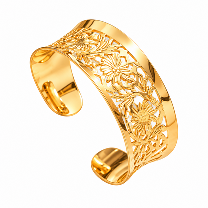 Gold Tone Floral Engraved Cuff Bracelet for Women & Girls