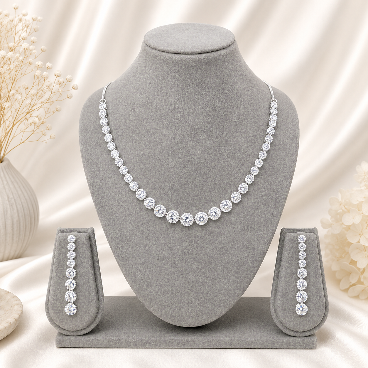 Sparkling Crystals Round Pave Tennis Necklace Set for Girls & Women's