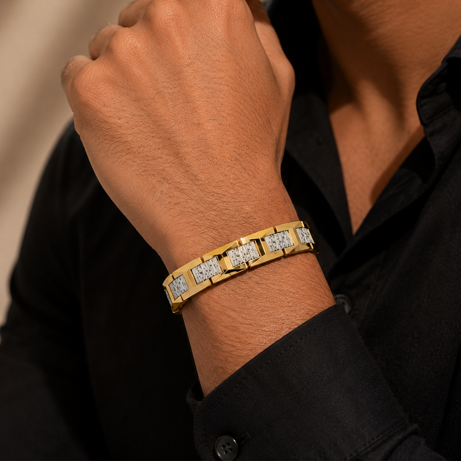 Two Tone Assorted Distinctive Textured Pattern Stainless Steel Bracelet For Men