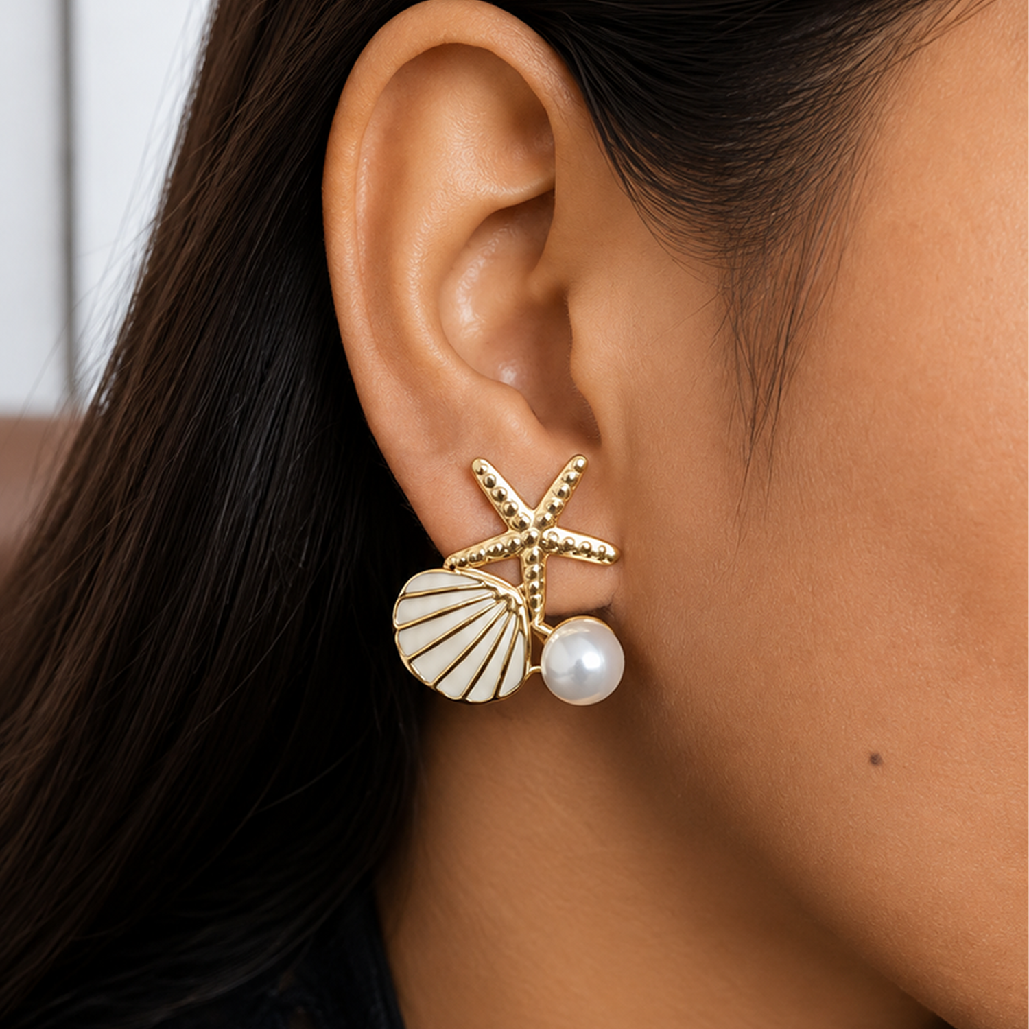 Gold Tone Starfish Shell & Faux Pearl Drop Korean Earrings for Women & Girls