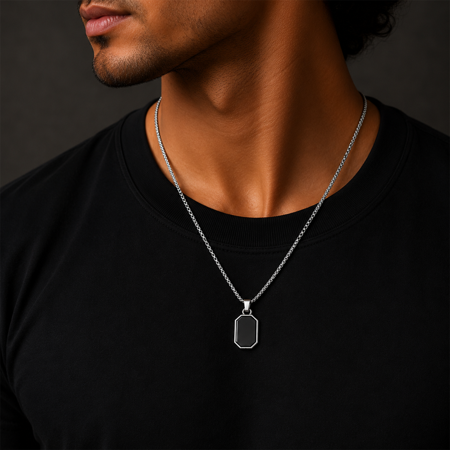 Rectangular Pendant Necklace with Silver-Tone Border