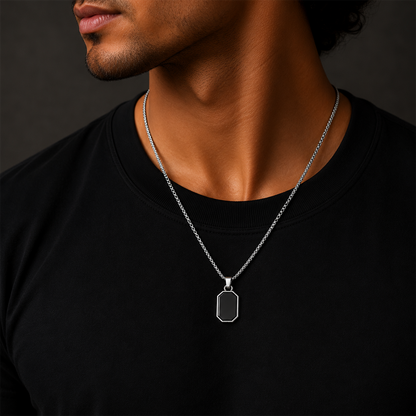 Rectangular Pendant Necklace with Silver-Tone Border