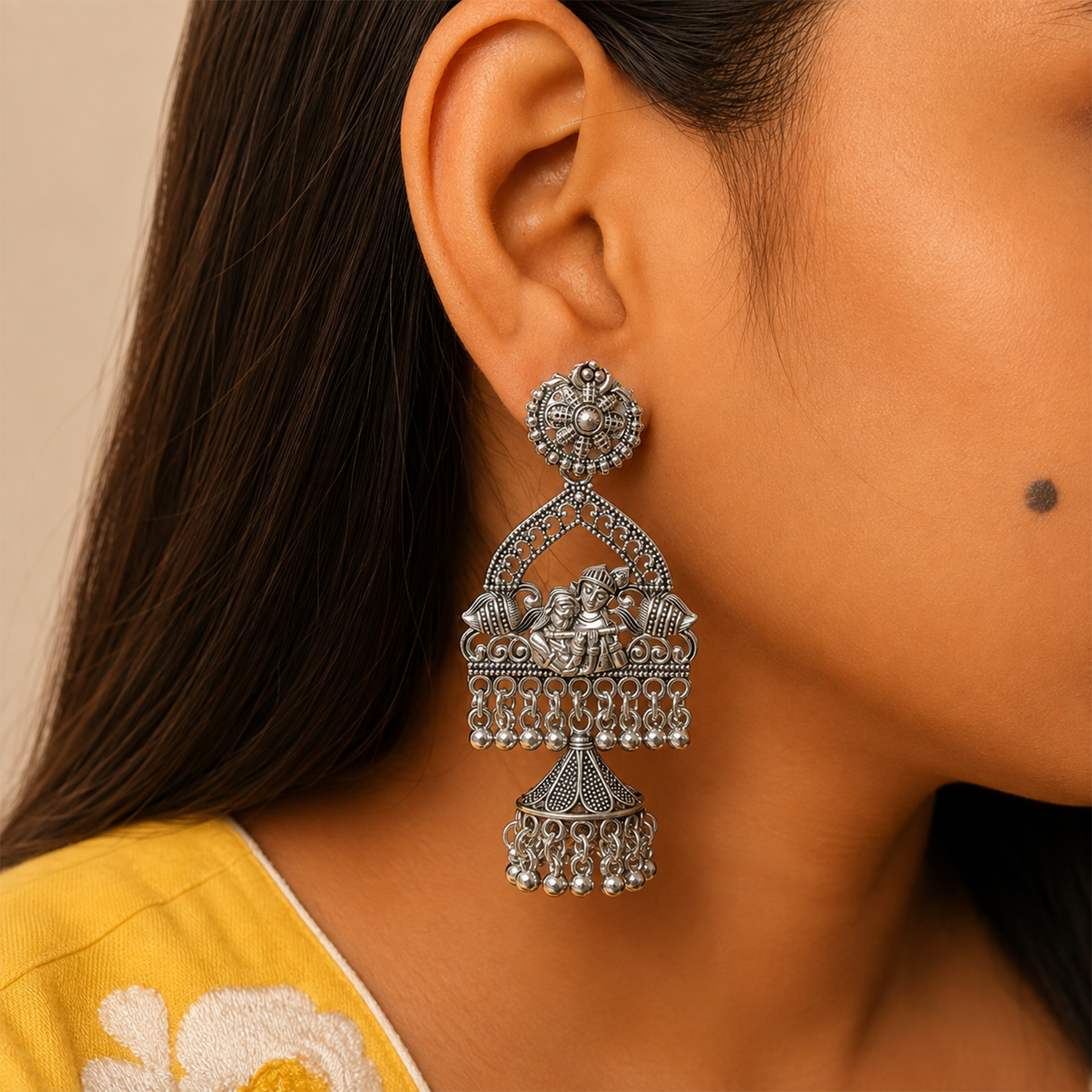Oxidized Krishna Radha Earrings for Girl's & Women's