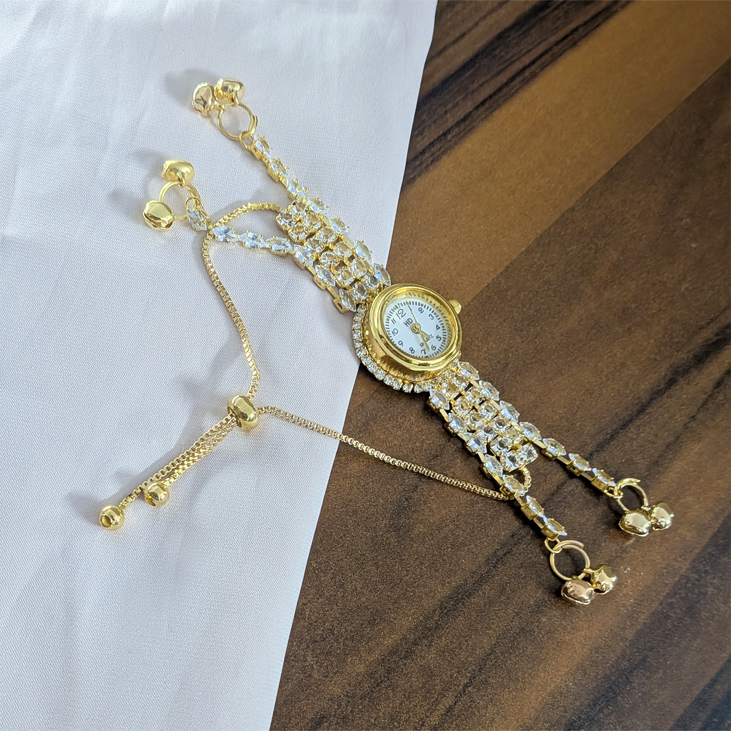 Gold Plated Crystal Stone Kashmiri Watch for Girls & Women