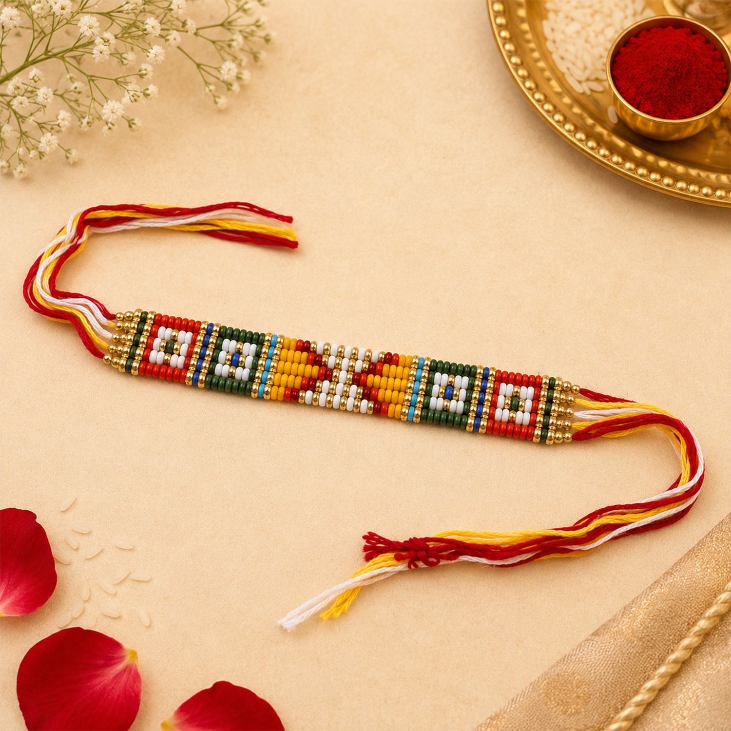 Ethnic Style Handwoven Seed Bead Rakhi for Brother