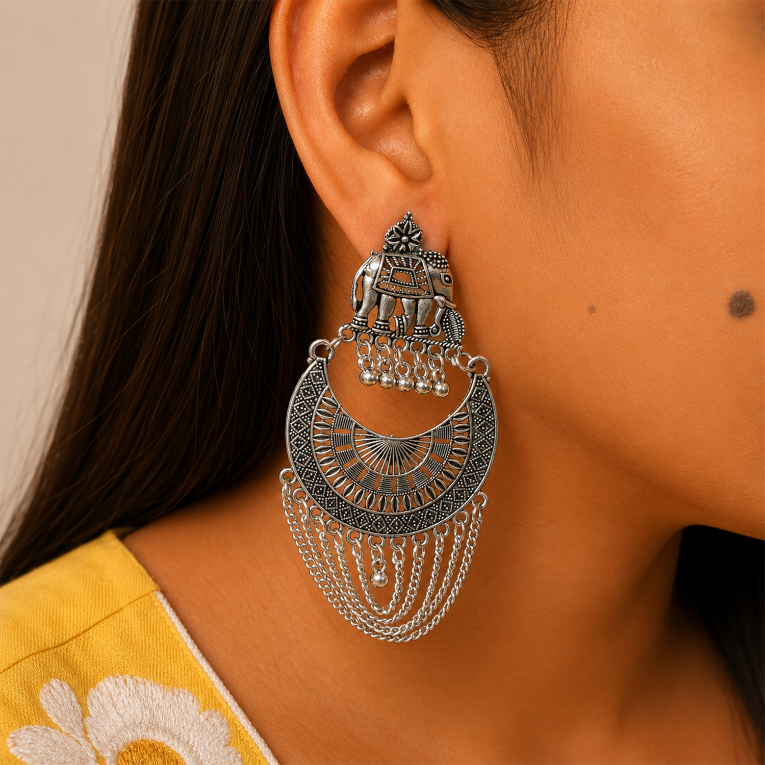 Oxidized Elephant Chandbali Design Earrings for Girl's & Women's