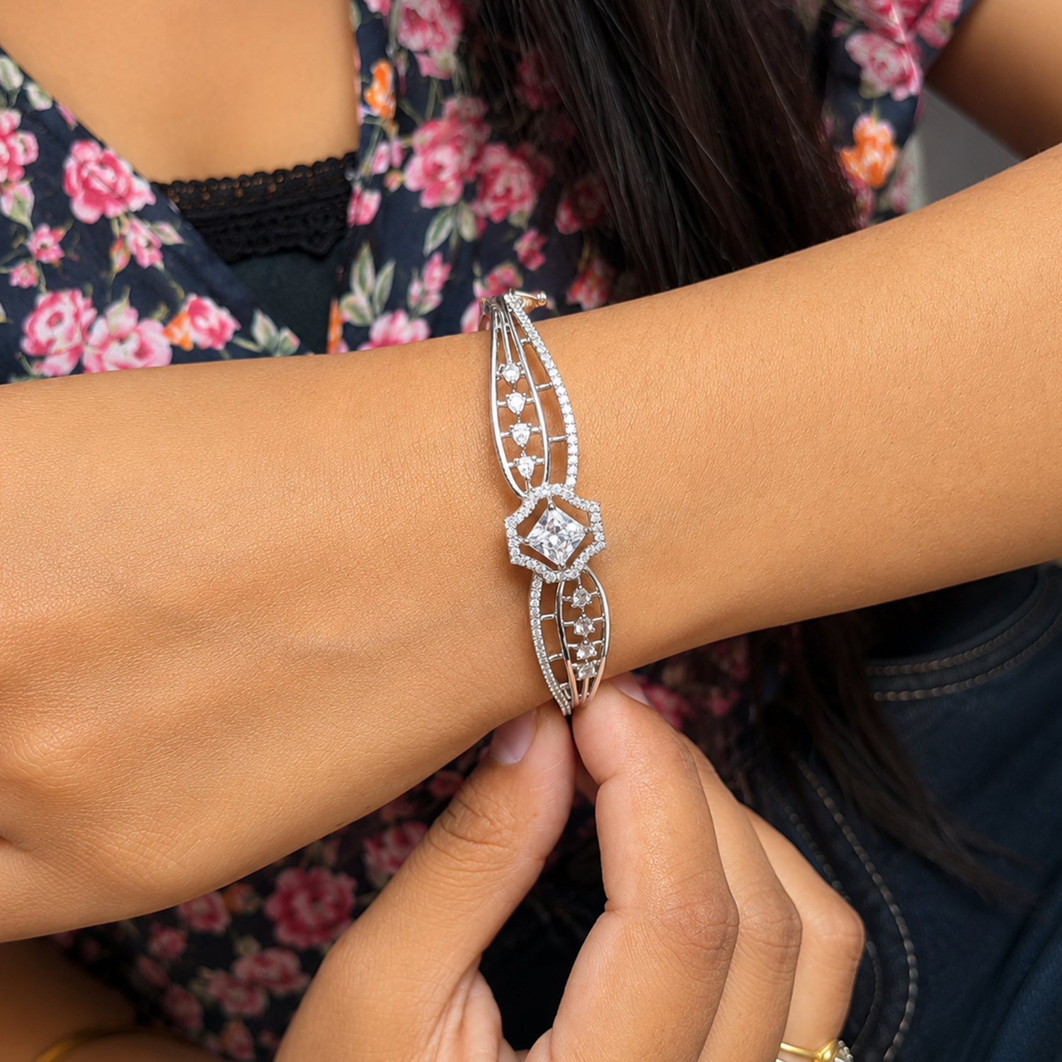 Striking Hexagonal Centerpiece Accented CZ Stone Bracelet for Girls & Women's