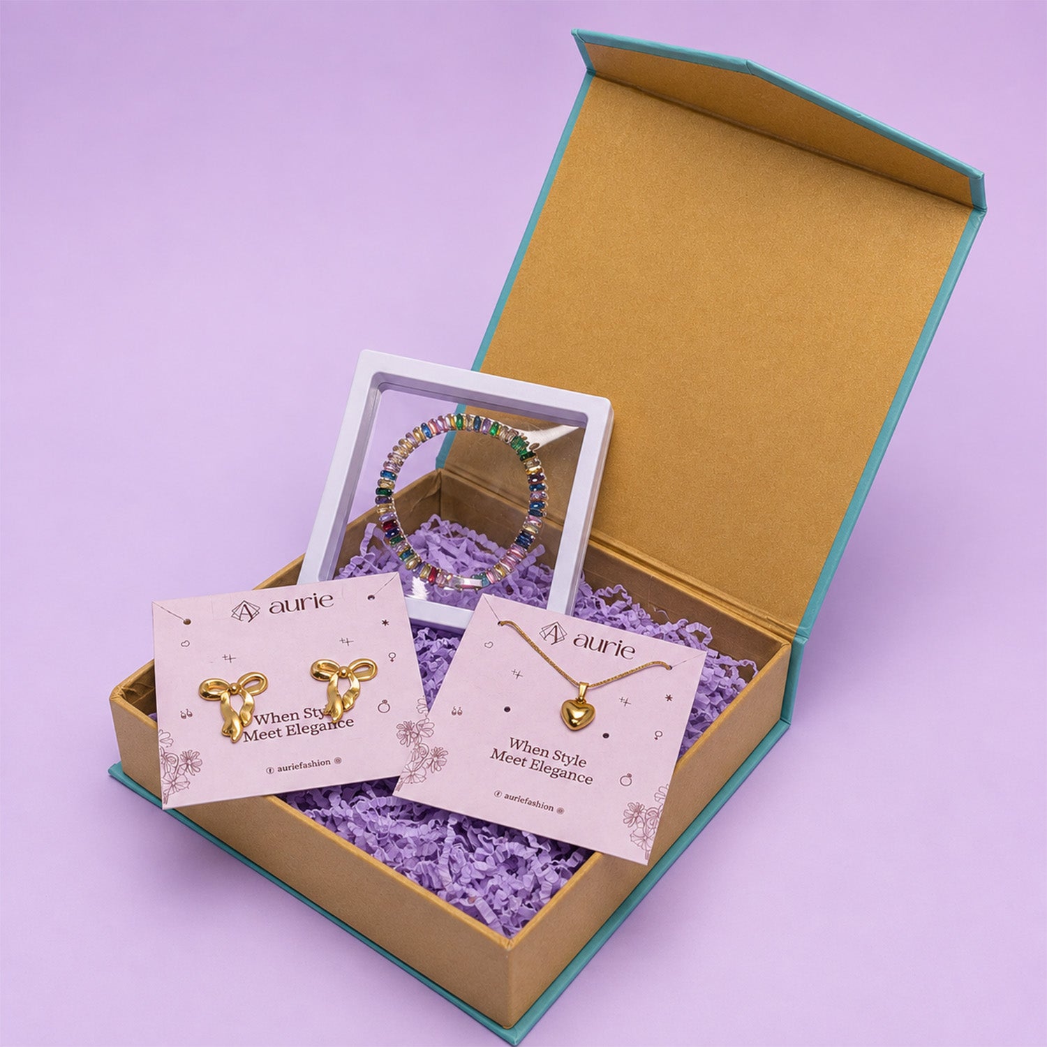 Heart Pendant Necklace, Bow Design Earrings & Multicolor Bracelet Jewellery Gift Box