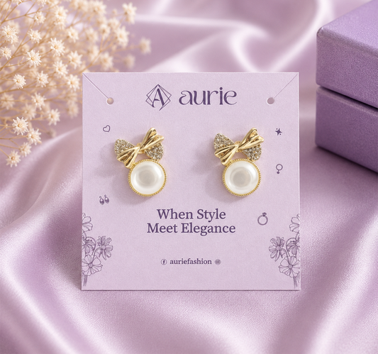 Bow Design Faux Pearl Drop Korean Earrings for Women & Girls