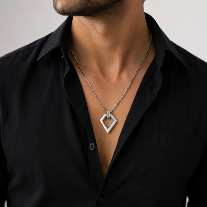 Geometric Silver-Tone Pendant Necklace with Greek Key Detail