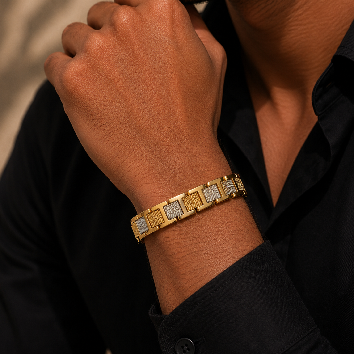 Contrasted Dual Tone Panel links Stainless Steel Bracelet For Men