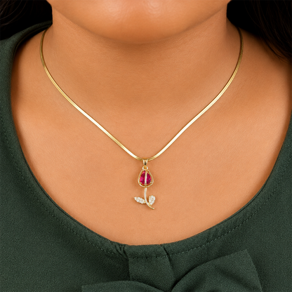 CZ Stone Centerpiece & Crystal Accented Leaves Tulip Pendant for Girls & Women