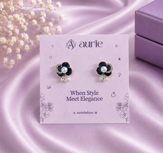 Black Flower Faux Pearl Stud Korean Earrings for Women & Girls
