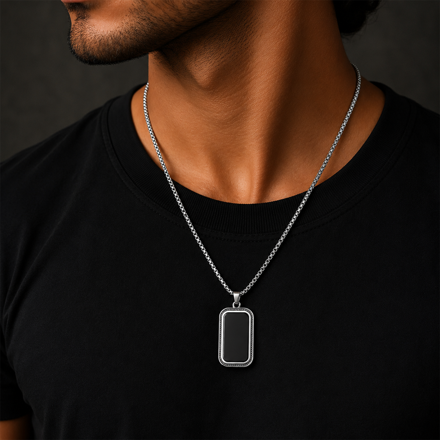 Silver-Tone Border Rectangle Pendant Necklace