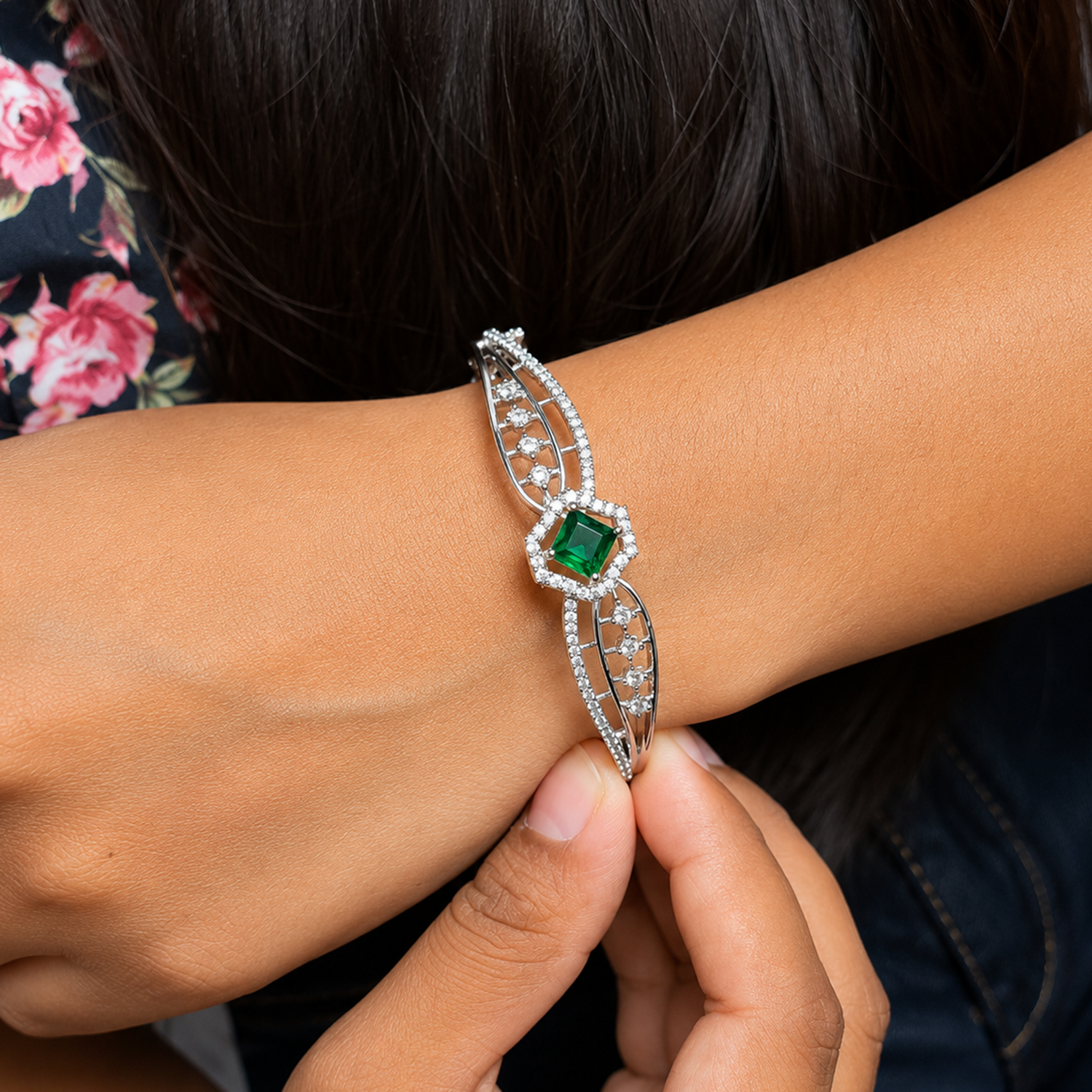 Striking Hexagonal Centerpiece Accented CZ Stone Bracelet for Girls & Women's