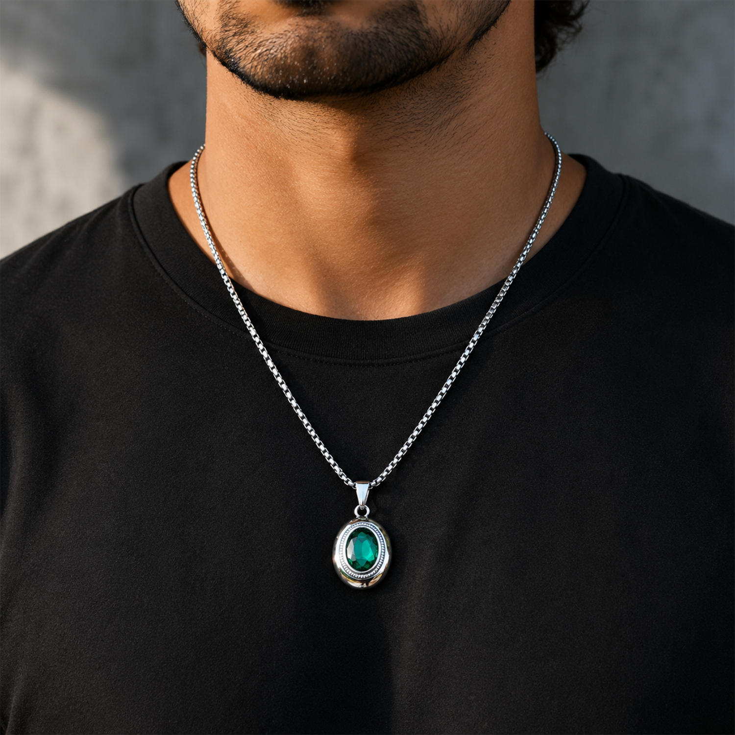 Oval Pendant Necklace with Silver-Tone Link Chain