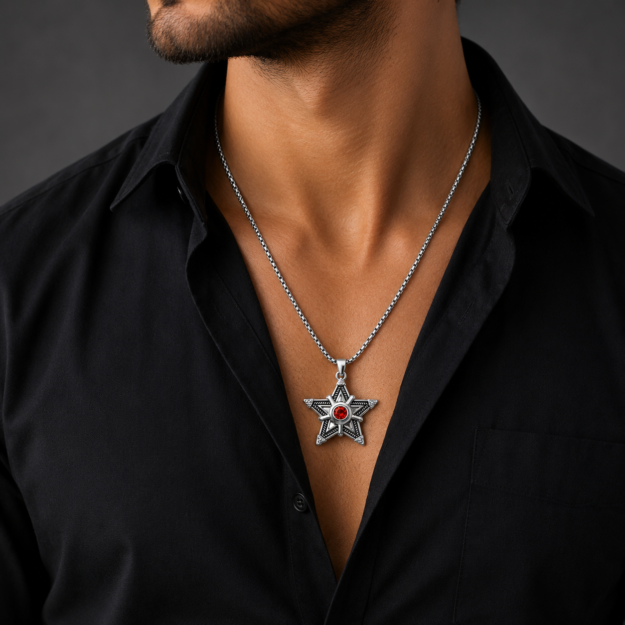 Silver Star Pendant Necklace with Stone for Men & Boys