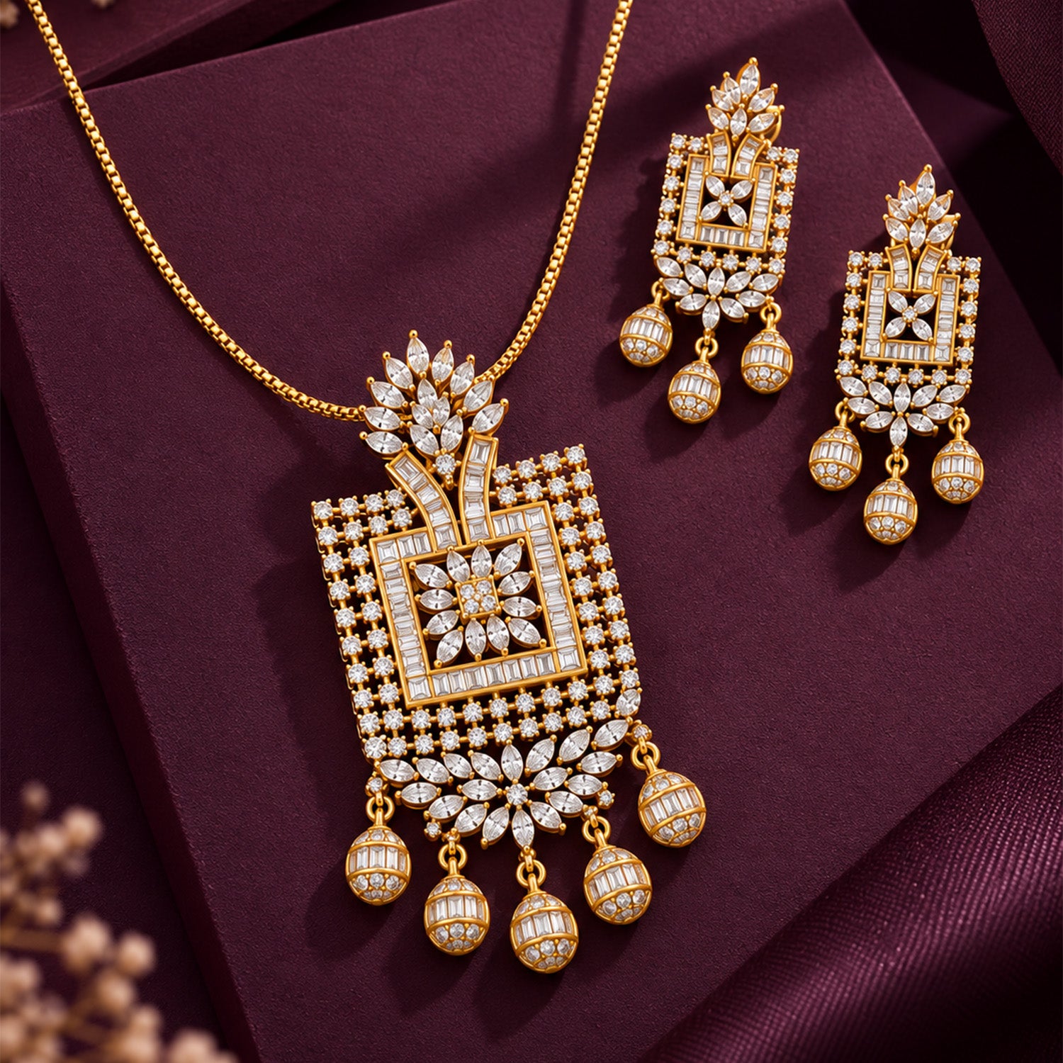 Dual Tone Shimmering Stones Rectangular Necklace Set for Girls & Women's