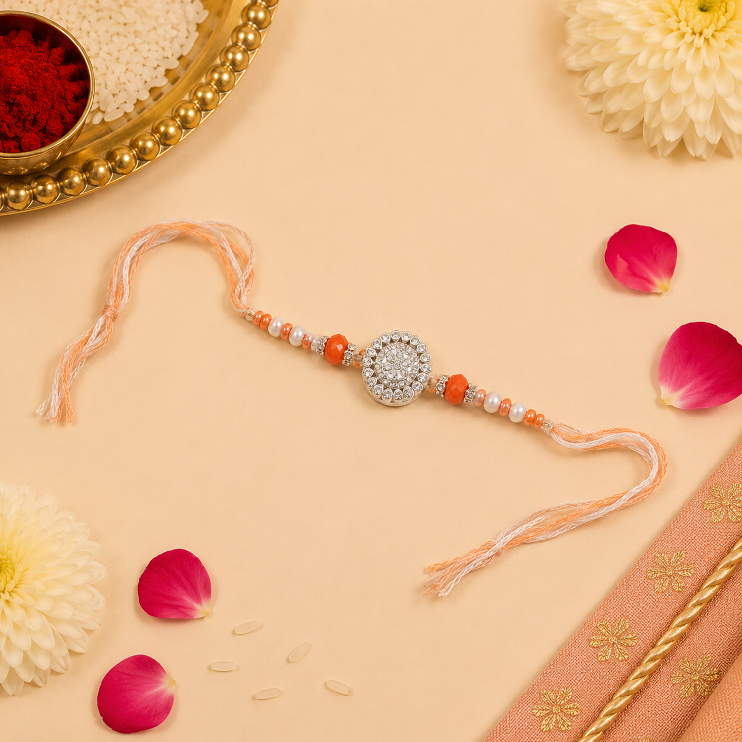 Elegant Crystal Floral Rakhi with Orange & White Beads