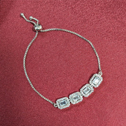 Silver Finish Rectangular Stones With AD Studded Adjustable Bracelet for Girls & Women