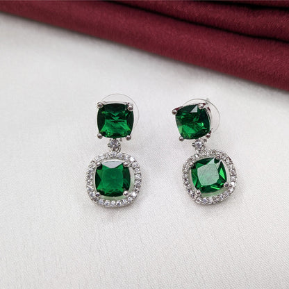 Silver Finish Elegant Cushion Cut AD Stone Drop Earrings for Girls & Women