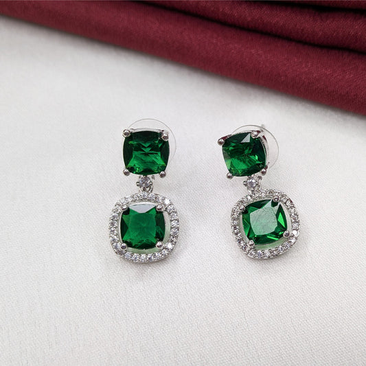 Silver Finish Elegant Cushion Cut AD Stone Drop Earrings for Girls & Women