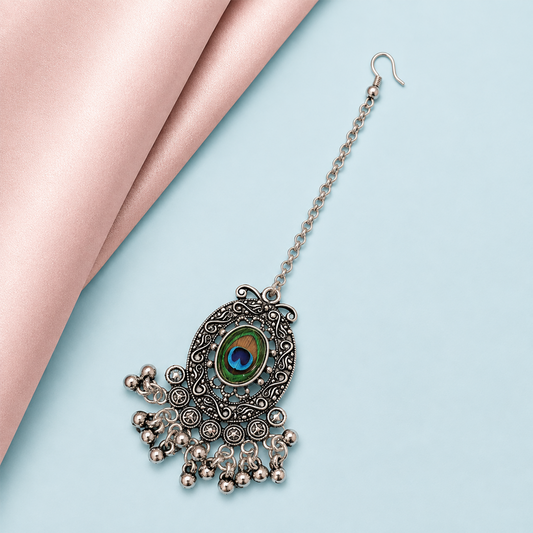 Oxidized Silver Oval Design Maang Tikka for Girls & Women