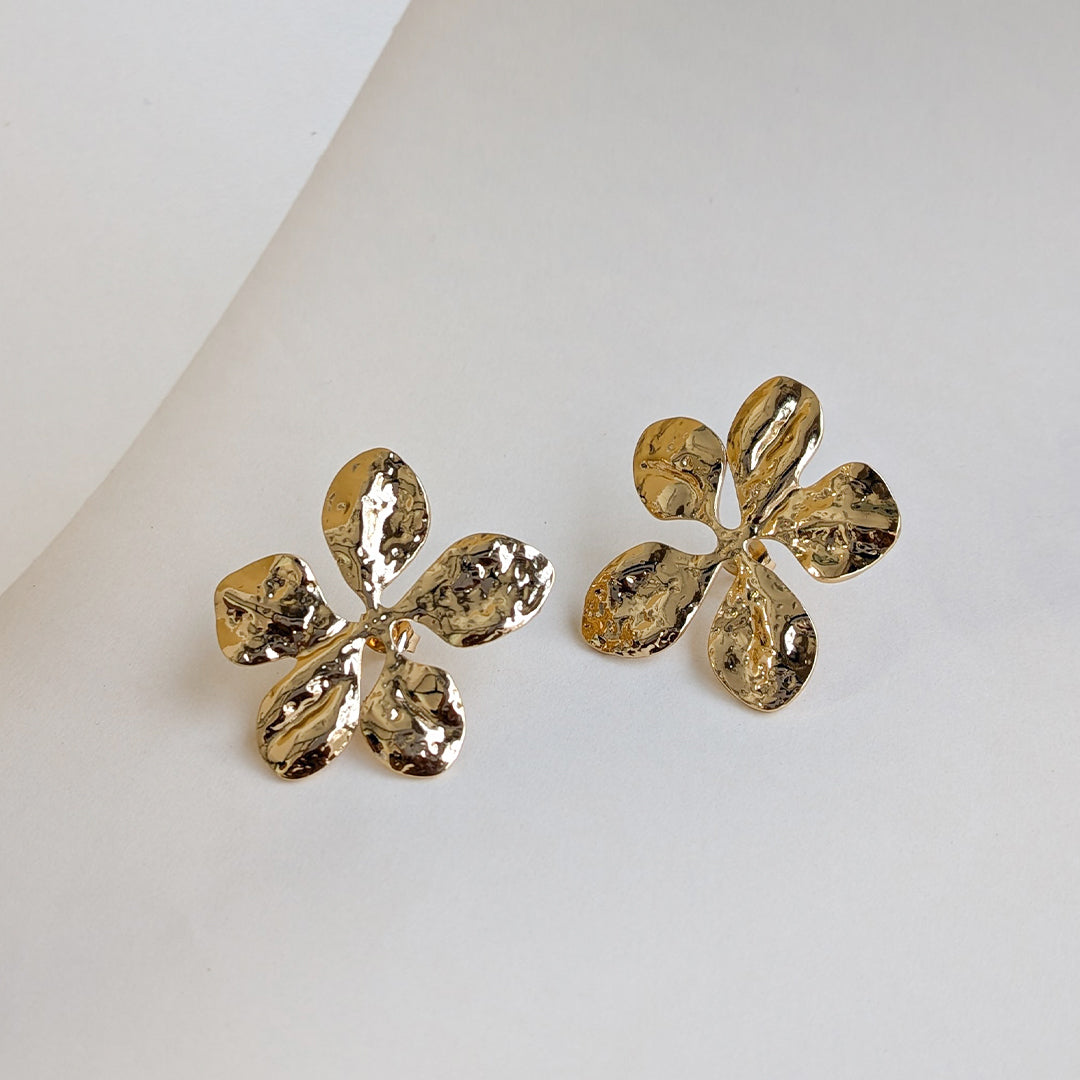 Gold Tone Textured Flower Stud Earrings For Girls & Women (Anti-Tarnish)