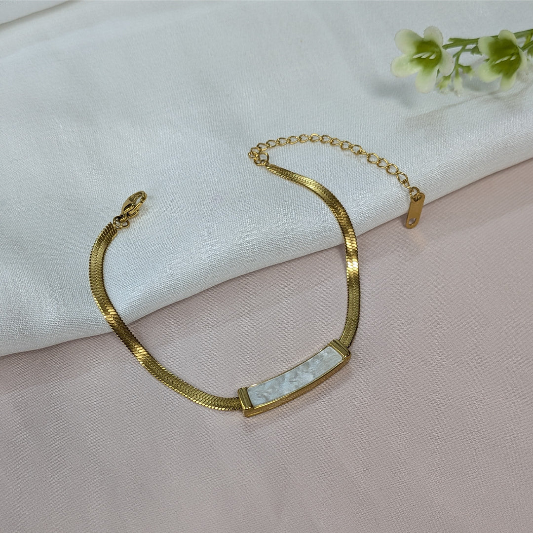Gold Finish Flat Herringbone Snake Chain with White Enamel Stone For Girls & Women (Anti-Tarnish)