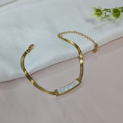 Gold Finish Flat Herringbone Snake Chain with White Enamel Stone For Girls & Women (Anti-Tarnish)