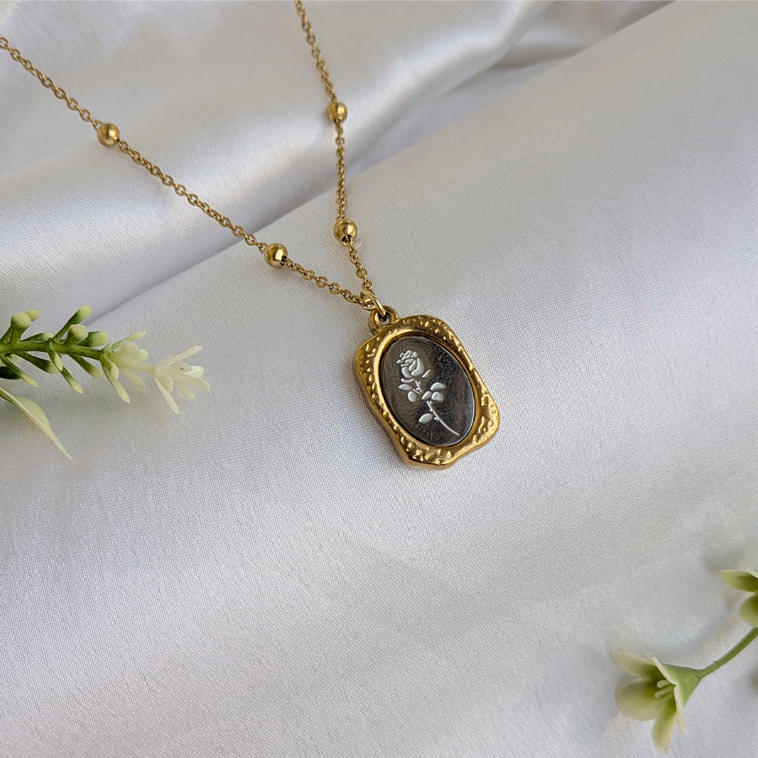Gold Plated Rose Engraved Rectangle Pendant For Girls & Women