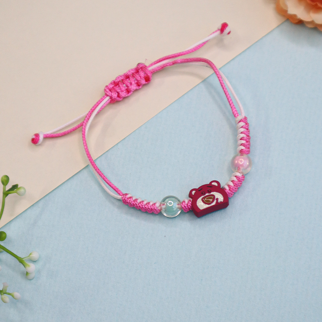 Pink Bear Kids Beaded Bracelet with Adjustable Strap