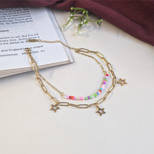 Double Layer Gold Finish Star With Colorful Bead Anklet For Girls & Women
